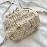 Women Drawstring Straw Beach Bags Crossbody Handbags