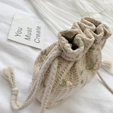 Women Drawstring Straw Beach Bags Crossbody Handbags