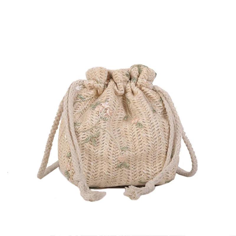 Women Drawstring Straw Beach Bags Crossbody Handbags