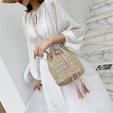 Summer Tassel Slung Shoulder Bag Retro Drawstring Bucket Handbag