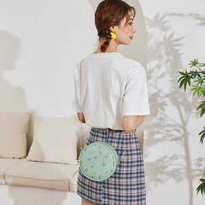 Embroidery Handbag Crossbody Bag Leaves Pattern Round Bag for Women