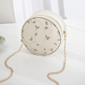 Embroidery Handbag Crossbody Bag Leaves Pattern Round Bag for Women