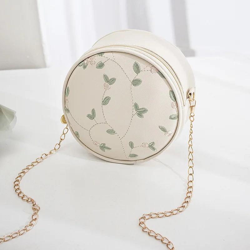 Embroidery Handbag Crossbody Bag Leaves Pattern Round Bag for Women