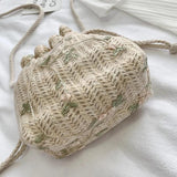 Straw Small Drawstring Crossbody Bags with Lace Flower Decor