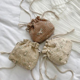 Straw Small Drawstring Crossbody Bags with Lace Flower Decor