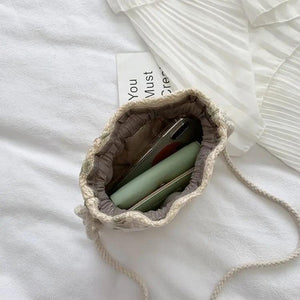 Women Drawstring Straw Beach Bags Flower Embroidery Handbags