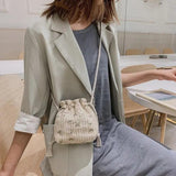 Women Drawstring Straw Beach Bags Flower Embroidery Handbags