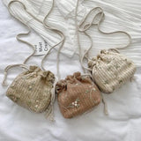 Women Drawstring Straw Beach Bags Flower Embroidery Handbags