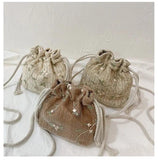 Women Drawstring Straw Beach Bags Flower Embroidery Handbags