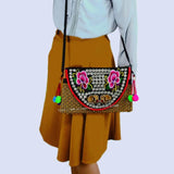 Vintage Hmong Tribal Embroidered Shoulder Bag with Pom Charm
