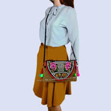 Vintage Hmong Tribal Embroidered Shoulder Bag with Pom Charm
