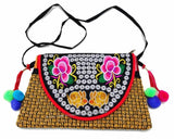 Vintage Hmong Tribal Embroidered Shoulder Bag with Pom Charm