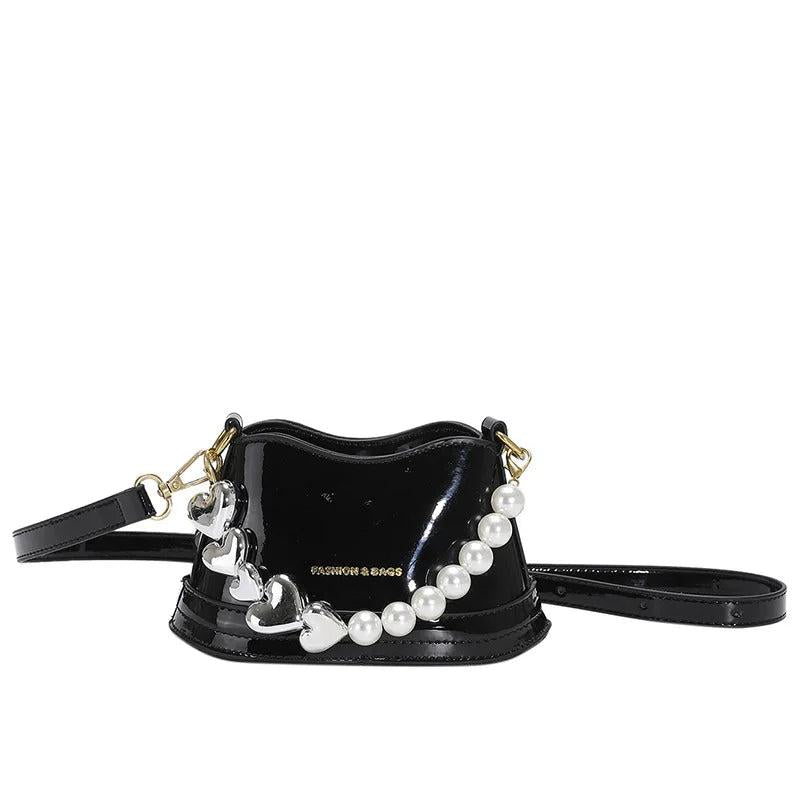 ASHINE Women Patent Leather Hand Bag Heart Pearl Chain Top-handle Bucket Purse