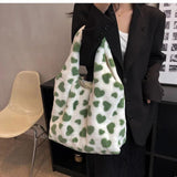 Heart Print Shoulder Bag Faux Fur Handbag Y2K Plush Tote Large Capacity