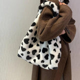Heart Print Shoulder Bag Faux Fur Handbag Y2K Plush Tote Large Capacity
