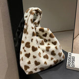 Heart Print Shoulder Bag Faux Fur Handbag Y2K Plush Tote Large Capacity