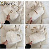 Winter Plush Women's Crossbody Bag Faux Fur Purses Casual Square Bag