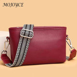 Cowhide Female Messenger Bag with Wide Fabric Strap