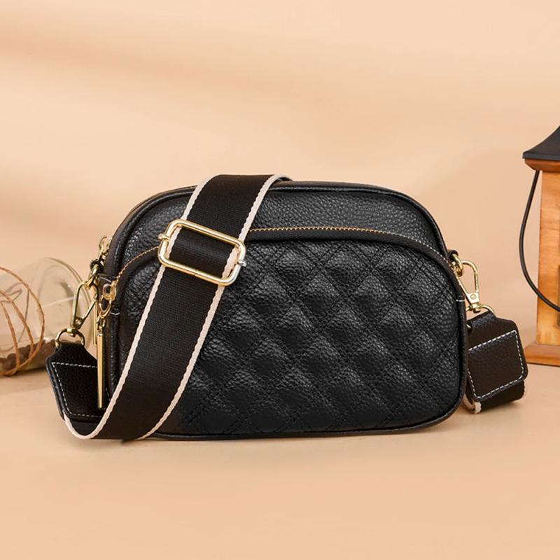 Cowhide Leather Messenger Handbag Multi-layer Pocket Camera Shoulder Bag
