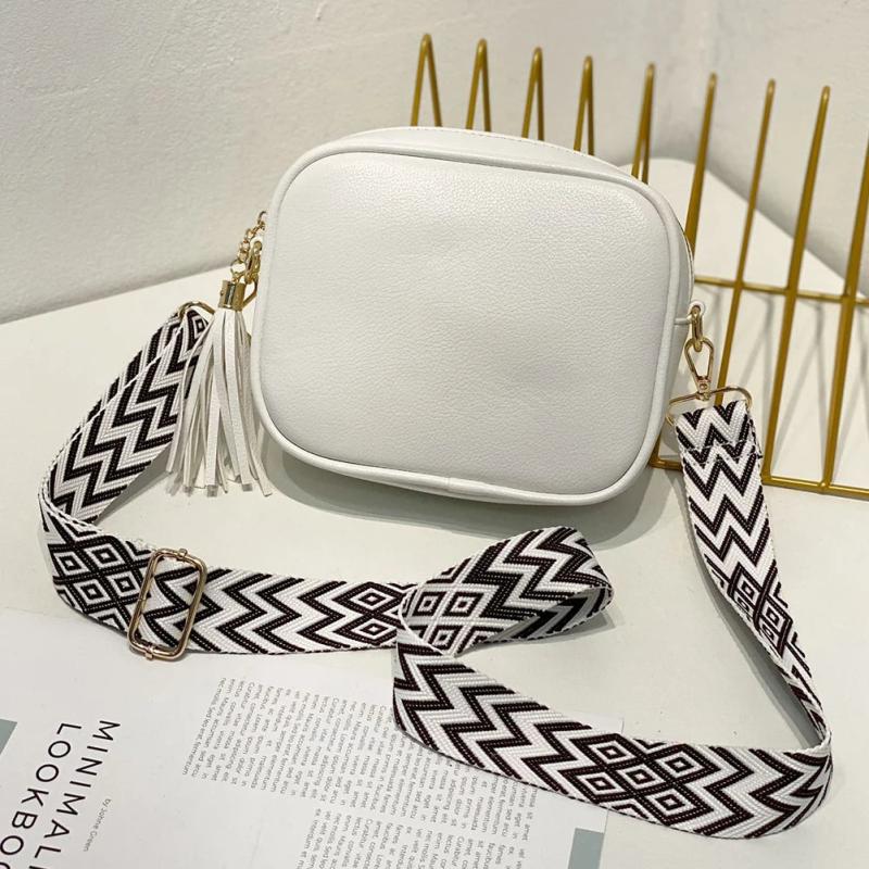 Women Messenger Bag Tassel Handbags PU Leather Wide Strap Casual Solid