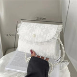 Vintage Lace Pearl Chain Crossbody Bag for Women Small Square Shoulder Bag