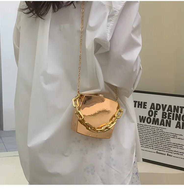 Silver PVC Box Shoulder Bag Chain Crossbody Mini Purse