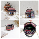 Vintage Geometric Pattern Boho Tassel Round Crossbody Bag for Women