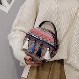 Vintage Geometric Pattern Boho Tassel Round Crossbody Bag for Women