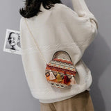 Vintage Geometric Pattern Boho Tassel Round Crossbody Bag for Women