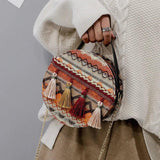 Vintage Geometric Pattern Boho Tassel Round Crossbody Bag for Women