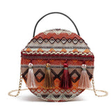Vintage Geometric Pattern Boho Tassel Round Crossbody Bag for Women