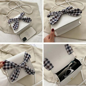 4 Colors PU Leather Shoulder Bags Women Plaid-bow Sweet Students