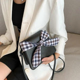 4 Colors PU Leather Shoulder Bags Women Plaid-bow Sweet Students