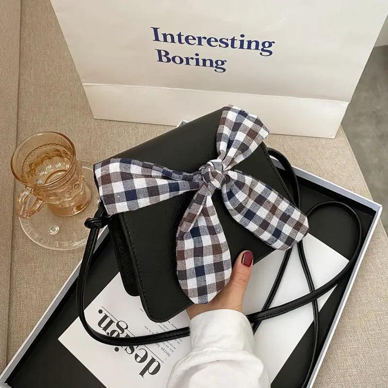 4 Colors PU Leather Shoulder Bags Women Plaid-bow Sweet Students