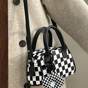 Checkerboard Boston Bag Mini Flower Pendant Handbag