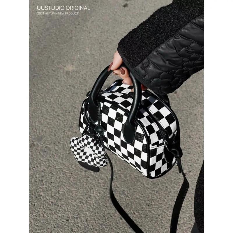 Checkerboard Boston Bag Mini Flower Pendant Handbag