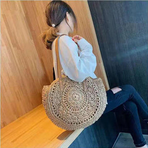 Ladies Straw Woven Tote Beach Handbag Retro Bohemia Buckle Raffia Cane