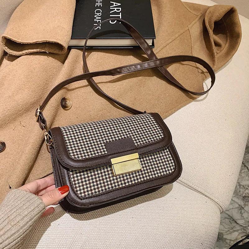 Retro Houndstooth PU Leather Small Bag Female Single Shoulder Messenger