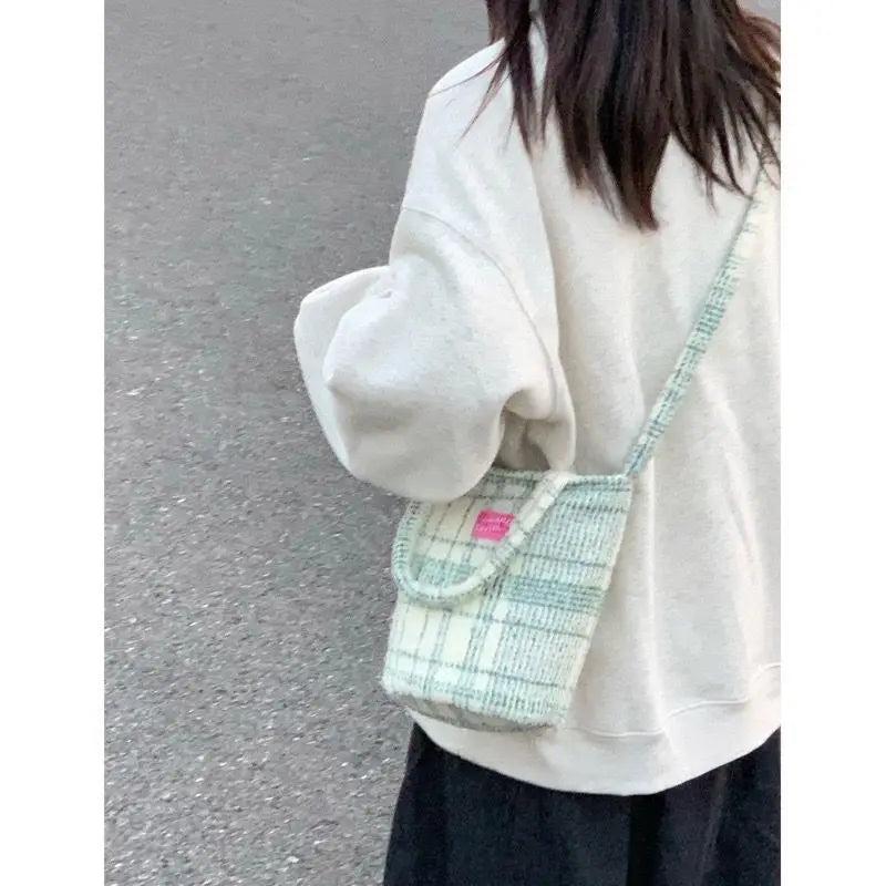 Green Matcha Check Tote Bucket Bag Lady Bags