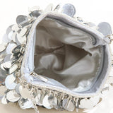 Women Silver Metal Sequins Chain Woven Evening Bag Clutch Handbag