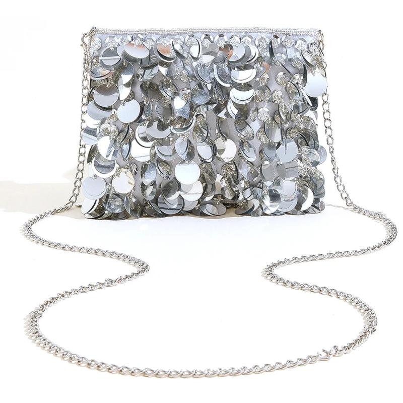 Women Silver Metal Sequins Chain Woven Evening Bag Clutch Handbag