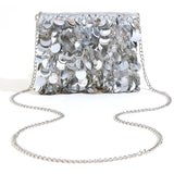 Women Silver Metal Sequins Chain Woven Evening Bag Clutch Handbag