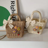 Handwoven Women Handbags Rattan Flower with Lace Bow Composite Shoulder Bag