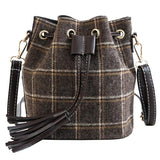 Women Wool Plaid Handbags Khaki Bucket Bag Vintage Shoulder Bags