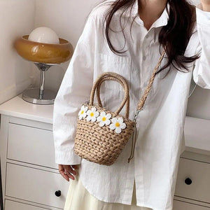 Summer Straw Beach Bag Large Capacity Flowers Messenger Shoulder Tote Bag