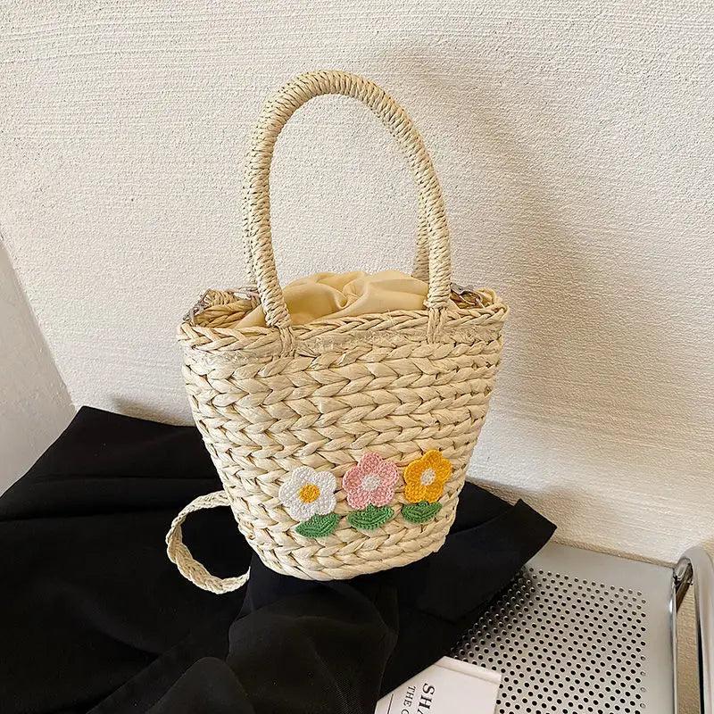 Summer Straw Beach Bag Large Capacity Flowers Messenger Shoulder Tote Bag