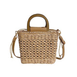 Straw Tote Bag Weave Drawstring Closure Wooden Handle Beach Shoulder Bag