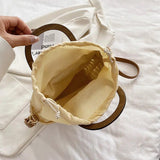 Straw Tote Bag Weave Drawstring Closure Wooden Handle Beach Shoulder Bag
