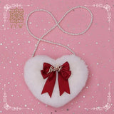 Heart Shape Plush Crossbody Bag with Pearl Chain for Women