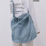 Denim Slouch Bag Casual Handbag Japanese Messenger Top-Handle Bag, Sky